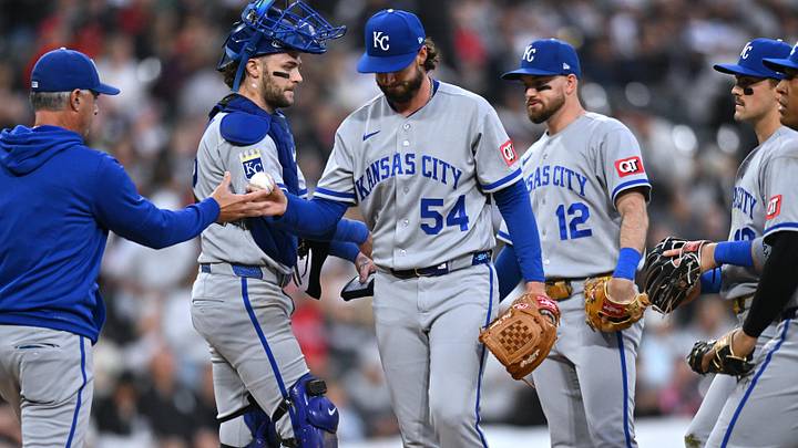 Jun 26, 2026; Chicago, Illinois, USA; Kansas City Royals pitcher Mitch Spence (54) is relieved against the Chicago White Sox after giving up 10 runs during the third inning at Rate Field. Mandatory Credit: Patrick Gorski-Imagn Images