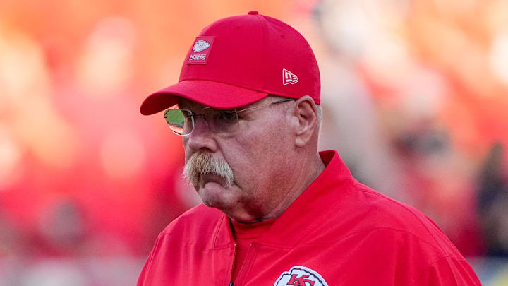 Aug 22, 2025; Kansas City, Missouri, USA; Kansas City Chiefs head coach Andy Reid on field against the Chicago Bears during the first half of the game at GEHA Field at Arrowhead Stadium. Mandatory Credit: Denny Medley-Imagn Images