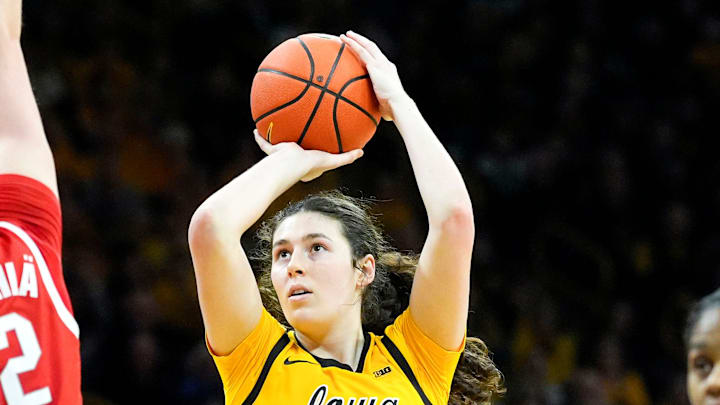 Iowa center Ava Heiden (5) shoots the basketball as Ohio State center Elsa Lemmilä (12) defends Jan. 25, 2026 at Carver-Hawkeye Arena in Iowa City, Iowa.