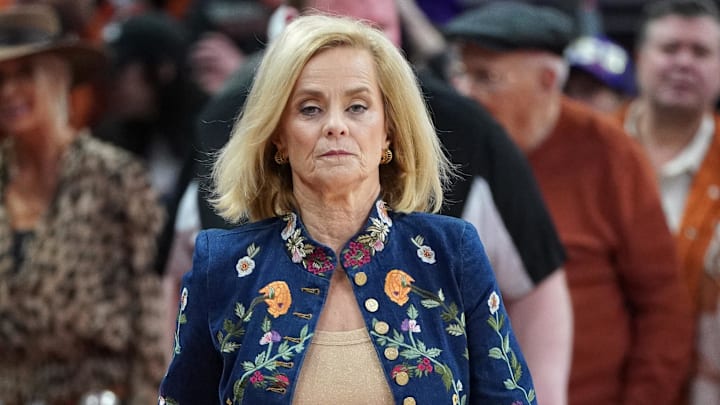 Feb 5, 2026; Austin, Texas, USA; LSU Tigers head coach Kim Mulkey enters the court before a game against the Texas Longhorns at Moody Center. Mandatory Credit: Dustin Safranek-Imagn Images