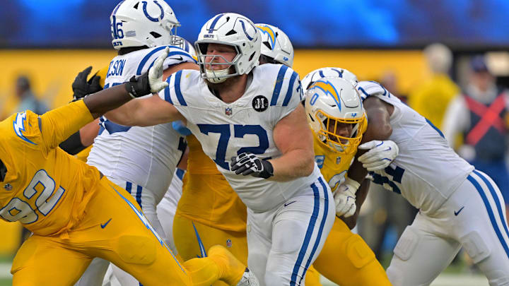 Oct 19, 2025; Inglewood, California, USA; Indianapolis Colts offensive tackle Braden Smith (72) blocks Los Angeles Chargers defensive tackle Justin Eboigbe (92) during the second half at SoFi Stadium. 