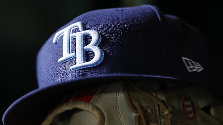 Apr 3, 2023; Washington, District of Columbia, USA; A general view of a Tampa Bay Rays hat and glove during the seventh inning of the game against the Washington Nationals at Nationals Park. 