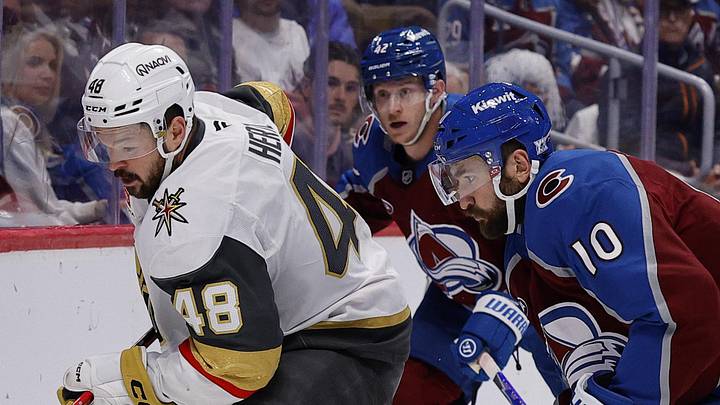 May 20, 2026; Denver, Colorado, USA; Vegas Golden Knights center Tomas Hertl (48) and Colorado Avalanche center Nicolas Roy (10) chase a loose puck during the third period in game one of the Western Conference Final of the 2026 Stanley Cup Playoffs at Ball Arena. Mandatory Credit: Isaiah J. Downing-Imagn Images May 20, 2026; Denver, Colorado, USA; Vegas Golden Knights center Tomas Hertl (48) and Colorado Avalanche center Nicolas Roy (10) chase a loose puck during the third period in game one of the Western Conference Final of the 2026 Stanley Cup Playoffs at Ball Arena. Mandatory Credit: Isaiah J. Downing-Imagn Images