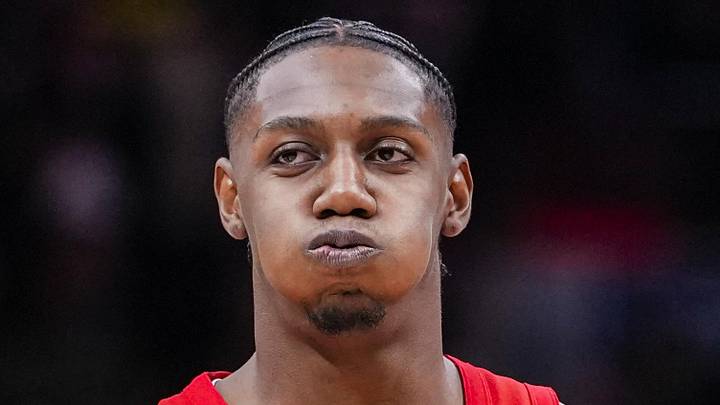 Dec 31, 2025; Toronto, Ontario, CAN; Toronto Raptors forward/guard RJ Barrett (9) reacts after missing a shot against the Denver Nuggets at Scotiabank Arena. Mandatory Credit: Kevin Sousa-Imagn Images