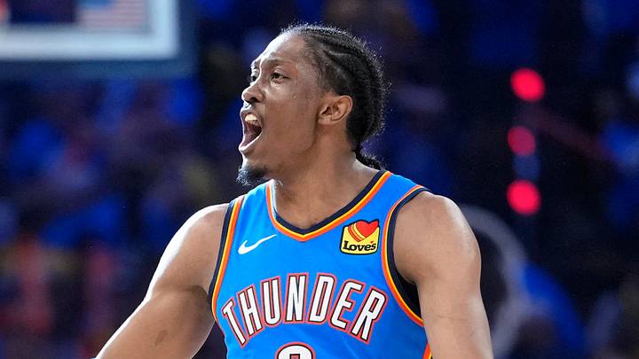 Jun 22, 2025; Oklahoma City, Oklahoma, USA; Oklahoma City Thunder forward Jalen Williams (8) reacts after a play against the Indiana Pacers during the second half of game seven of the 2025 NBA Finals at Paycom Center. Mandatory Credit: Kyle Terada-Imagn Images Jun 22, 2025; Oklahoma City, Oklahoma, USA; Oklahoma City Thunder forward Jalen Williams (8) reacts after a play against the Indiana Pacers during the second half of game seven of the 2025 NBA Finals at Paycom Center. Mandatory Credit: Kyle Terada-Imagn Images