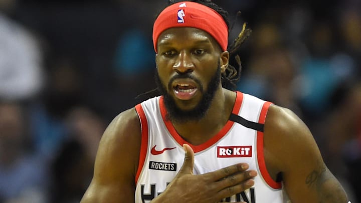 Former Houston Rockets forward DeMarre Carroll (9) reacts in the second half at Spectrum Center.