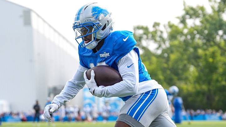 Detroit Lions wide receiver Dominic Lovett (19) practices during training camp at teams Allen Park Performance Center