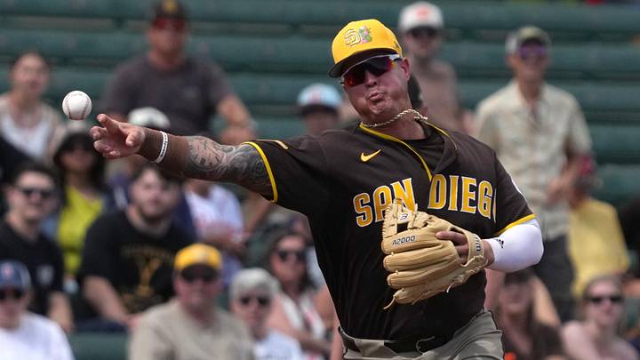 Mar 10, 2026; Tempe, Arizona, USA; San Diego Padres third baseman Jose Miranda (64) throws to first against the Los Angeles Angels in the first inning at Tempe Diablo Stadium. Mandatory Credit: Rick Scuteri-Imagn Images Mar 10, 2026; Tempe, Arizona, USA; San Diego Padres third baseman Jose Miranda (64) throws to first against the Los Angeles Angels in the first inning at Tempe Diablo Stadium. Mandatory Credit: Rick Scuteri-Imagn Images
