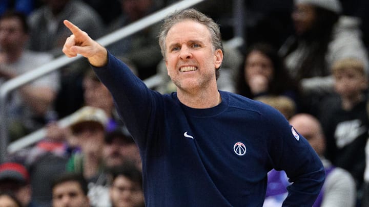 Mar 5, 2025; Washington, District of Columbia, USA; Washington Wizards head coach Brian Keefe reacts during the third quarter against the Utah Jazz at Capital One Arena. Mandatory Credit: Reggie Hildred-Imagn Images