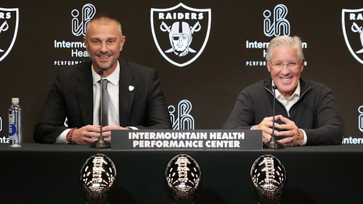 Jan 27, 2025; Las Vegas, NV, USA; Las Vegas Raiders general manager John Spytek (left) and coach Pete Carroll at press conference at Intermountain Health Performance Center. Mandatory Credit: Kirby Lee-Imagn Images