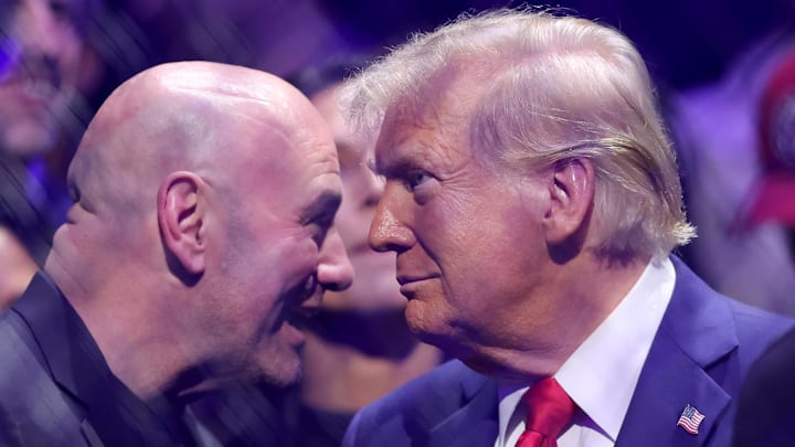 Nov 16, 2024; New York, NY, USA; UFC CEO Dana White (left) talks to President-elect Donald Trump ringside during UFC 309 at Madison Square Garden. Mandatory Credit: Brad Penner-Imagn Images