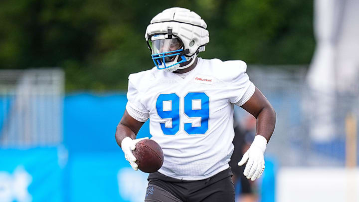 Detroit Lions defensive tackle Brodric Martin (99) practices during training camp at Meijer Performance Center in Allen Park on Sunday, July 20, 2025.