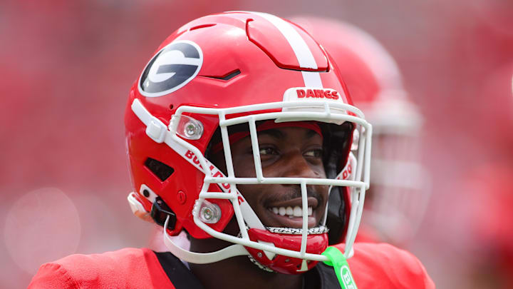 Sep 6, 2025; Athens, Georgia, USA; Georgia Bulldogs wide receiver Zachariah Branch (1) prepares for a game against the Austin Peay Governors at Sanford Stadium. Mandatory Credit: Brett Davis-Imagn Images