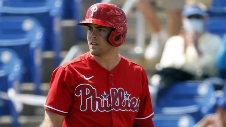 Mar 9, 2021; Dunedin, Florida, USA;  Philadelphia Phillies second baseman Scott Kingery (4) strikes out during the third inning against the Toronto Blue Jays at TD Ballpark