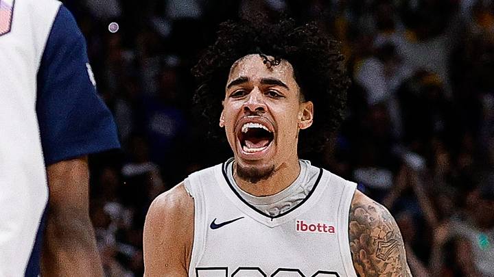 May 15, 2025; Denver, Colorado, USA; Denver Nuggets guard Julian Strawther (3) reacts with forward Peyton Watson (8) after a play in the fourth quarter against the Oklahoma City Thunder during game six of the second round for the 2025 NBA Playoffs at Ball Arena. Mandatory Credit: Isaiah J. Downing-Imagn Images