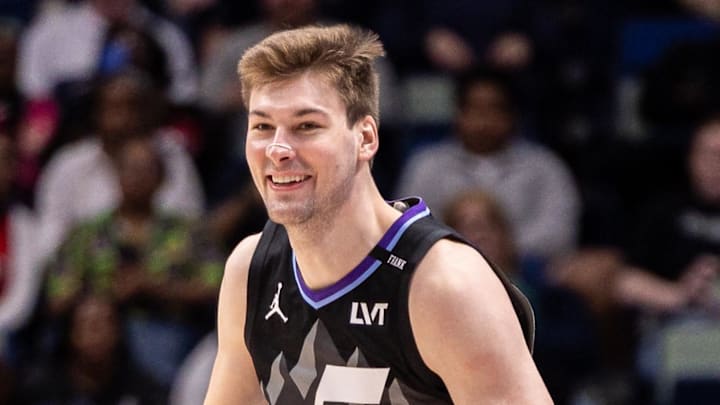 Apr 7, 2026; New Orleans, Louisiana, USA; Utah Jazz center Kyle Filipowski (22) reacts to a play against the New Orleans Pelicans during the first half at Smoothie King Center. Mandatory Credit: Stephen Lew-Imagn Images