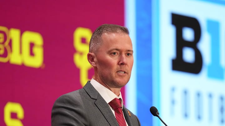 Jul 24, 2025; Las Vegas, NV, USA; USC head coach Lincoln Riley speaks to the media during the Big Ten NCAA college football media days at Mandalay Bay Resort. Mandatory Credit: Lucas Peltier-Imagn Images