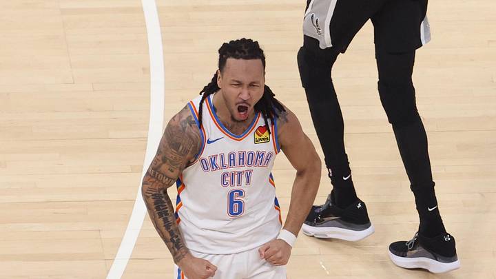 May 26, 2026; Oklahoma City, Oklahoma, USA; Oklahoma City Thunder forward Jaylin Williams (6) reacts after a play during the second quarter against the San Antonio Spurs in game five of the western conference finals for the 2026 NBA playoffs at Paycom Center. Mandatory Credit: Brett Rojo-Imagn Images May 26, 2026; Oklahoma City, Oklahoma, USA; Oklahoma City Thunder forward Jaylin Williams (6) reacts after a play during the second quarter against the San Antonio Spurs in game five of the western conference finals for the 2026 NBA playoffs at Paycom Center. Mandatory Credit: Brett Rojo-Imagn Images