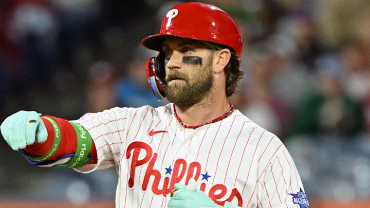 Apr 28, 2026; Philadelphia, Pennsylvania, USA; Philadelphia Phillies first baseman Bryce Harper (3) celebrates his RBI double against the San Francisco Giants during the sixth inning at Citizens Bank Park. Mandatory Credit: Eric Hartline-Imagn Images