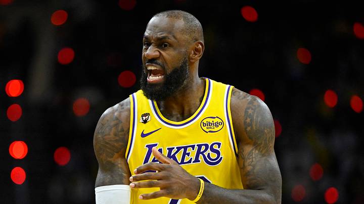 Los Angeles Lakers forward LeBron James (23) reacts in the third quarter against the Cleveland Cavaliers at Rocket Arena. 