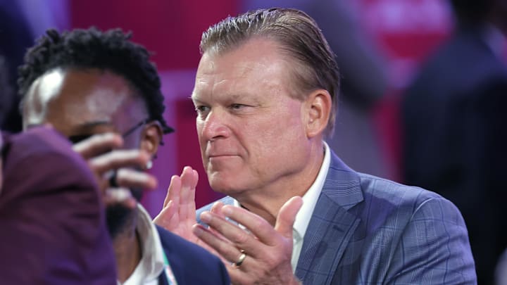 Jun 25, 2025; Brooklyn, NY, USA;  Illinois Fighting Illini mens basketball head coach Brad Underwood reacts after Will Riley is selected as the 21st pick by the Utah Jazz in the first round of the 2025 NBA Draft at Barclays Center. Mandatory Credit: Brad Penner-Imagn Images