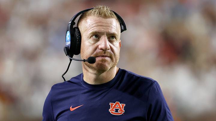 Sep 12, 2026; Auburn, Alabama, USA;  Auburn Tigers head coach Alex Golesh looks at the video board during the second quarter against the Southern Mississippi Golden Eagles at Jordan-Hare Stadium.  The kick was good.  Mandatory Credit: John Reed-Imagn Images
