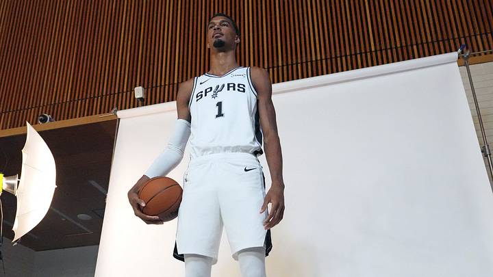 Sep 28, 2026; San Antonio, TX, USA; San Antonio Spurs forward Victor Wembanyama (1) poses for photos during Media Day at Victory Capital Performance Center in San Antonio, Texas. Sep 28, 2026; San Antonio, TX, USA; San Antonio Spurs forward Victor Wembanyama (1) poses for photos during Media Day at Victory Capital Performance Center in San Antonio, Texas.