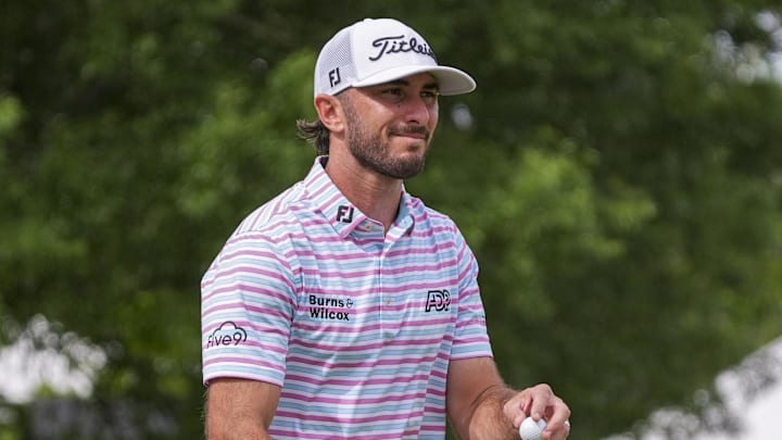 May 9, 2024; Charlotte, North Carolina, USA; Max Homa after his putt on the tenth green during the Wells Fargo Championship.