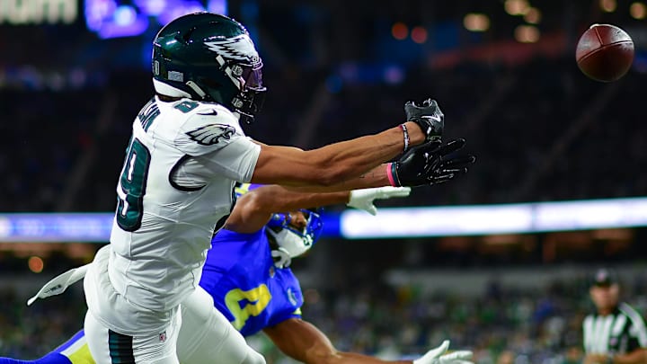 Nov 24, 2024; Inglewood, California, USA; Philadelphia Eagles wide receiver Johnny Wilson (89) misses catchiing a pass against Los Angeles Rams safety Tanner Ingle (34) during the second half at SoFi Stadium. Mandatory Credit: Gary A. Vasquez-Imagn Images