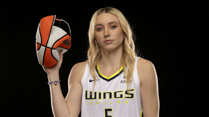 May 7, 2025; Arlington, TX, USA; Dallas Wings guard Paige Bueckers poses for a photo during the 2025 Dallas Wings Media Day. Mandatory Credit: Jerome Miron-Imagn Images
