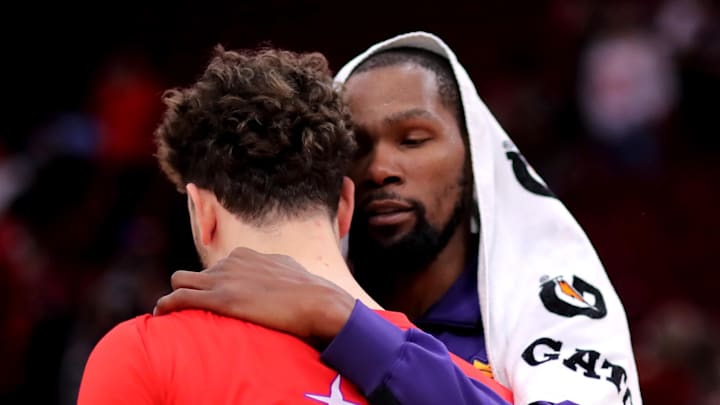 Dec 27, 2023; Houston, Texas, USA; Phoenix Suns forward Kevin Durant (35) greets Houston Rockets center Alperen Sengun (28) following the game at Toyota Center. Mandatory Credit: Erik Williams-Imagn Images Dec 27, 2023; Houston, Texas, USA; Phoenix Suns forward Kevin Durant (35) greets Houston Rockets center Alperen Sengun (28) following the game at Toyota Center. Mandatory Credit: Erik Williams-Imagn Images