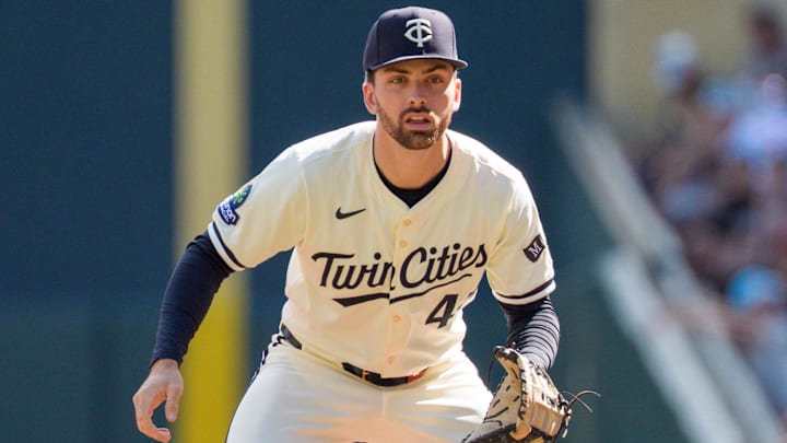 Minnesota Twins second baseman Edouard Julien (47) is in the ready position. 