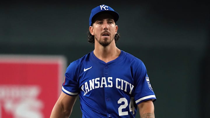 Jul 6, 2025; Phoenix, Arizona, USA; Kansas City Royals pitcher Michael Lorenzen (24) throws against the Arizona Diamondbacks in the first inning at Chase Field. Mandatory Credit: Rick Scuteri-Imagn Images