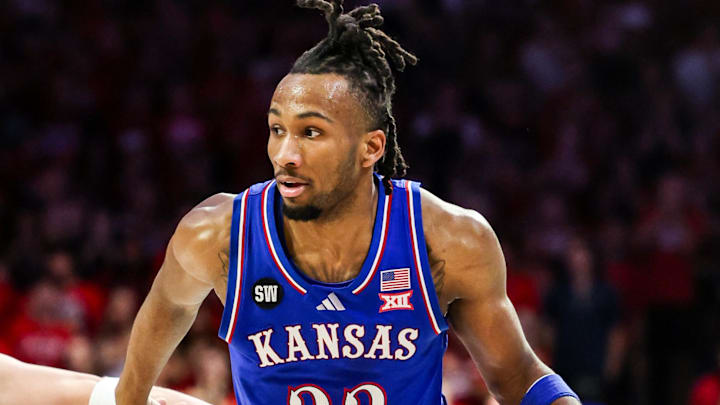 Feb 28, 2026; Tucson, Arizona, USA; Kansas Jayhawks guard Darryn Peterson (22) dribbles the ball during the first half of the game against the Arizona Wildcats at McKale Memorial Center. Mandatory Credit: Aryanna Frank-Imagn Images Feb 28, 2026; Tucson, Arizona, USA; Kansas Jayhawks guard Darryn Peterson (22) dribbles the ball during the first half of the game against the Arizona Wildcats at McKale Memorial Center. Mandatory Credit: Aryanna Frank-Imagn Images