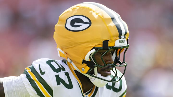 Sep 21, 2025; Cleveland, Ohio, USA; Green Bay Packers wide receiver Romeo Doubs (87) runs during warm ups before the game against the Cleveland Browns at Huntington Bank Field. Mandatory Credit: Scott Galvin-Imagn Images