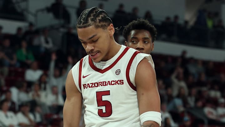 Darius Acuff Jr. (5) reacts after a basket during the first half against the Mississippi State Bulldogs at Humphrey Coliseum.