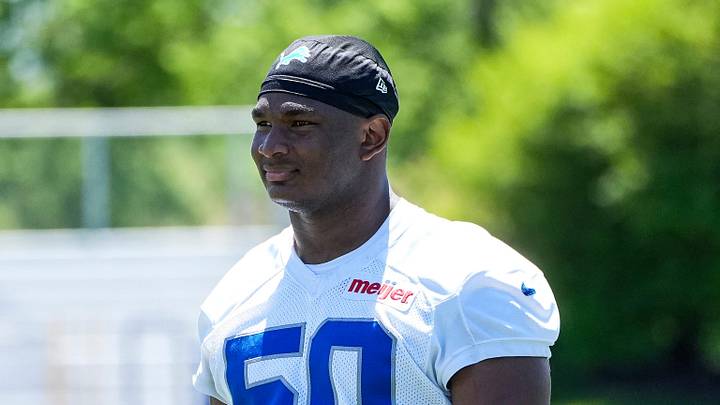 Detroit Lions defensive lineman Skyler Gill-Howard (50) walks off the field after practice during OTAs at Meijer Performance Center in Allen Park on Friday, May 29, 2026.