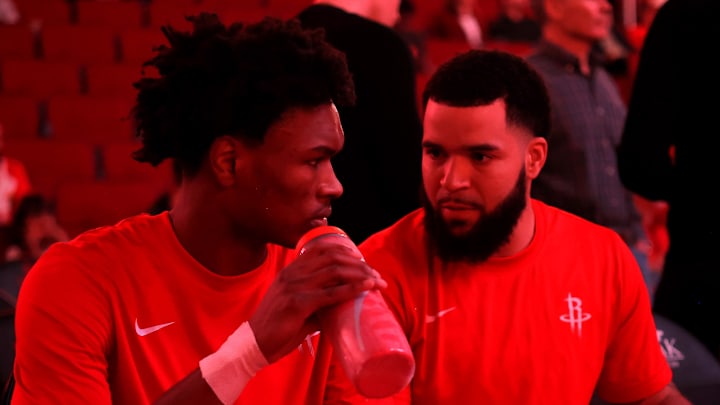 Mar 21, 2024; Houston, Texas, USA; Houston Rockets guard Fred VanVleet (5, right) talks with Houston Rockets forward Amen Thompson (1) prior to the game against the Chicago Bulls at Toyota Center. Mandatory Credit: Erik Williams-Imagn Images
