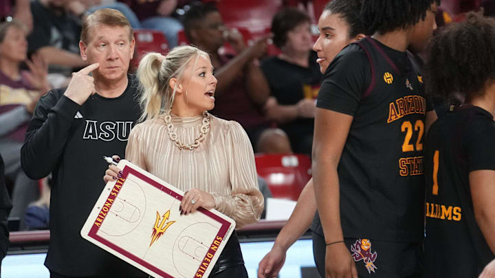 ASU Sun Devils head coach Molly Miller talks to her team on the sidelines as they play the Kansas State Wildcats at Desert Financial Arena in Tempe on Feb. 1, 2026.