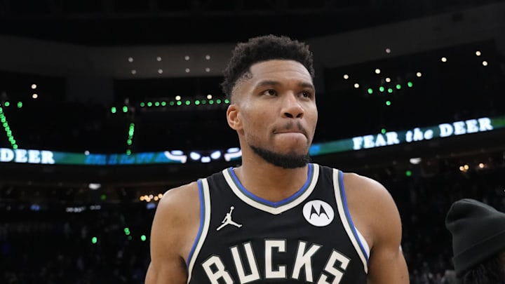 Jan 23, 2026; Milwaukee, Wisconsin, USA;  Milwaukee Bucks forward Giannis Antetokounmpo (34) walks from the court following the game against the Denver Nuggets at Fiserv Forum. Mandatory Credit: Jeff Hanisch-Imagn Images