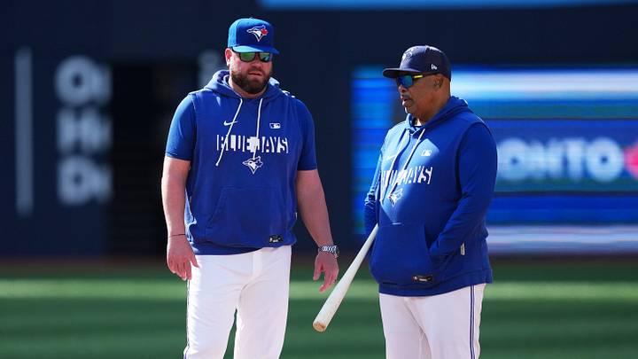 May 26, 2026; Toronto, Ontario, CAN; Toronto Blue Jays manager John Schneider (14) talks with associate manager DeMarlo Hale (15) during batting practice before a game against the Miami Marlins at the Rogers Centre. Mandatory Credit: Nick Turchiaro-Imagn Images May 26, 2026; Toronto, Ontario, CAN; Toronto Blue Jays manager John Schneider (14) talks with associate manager DeMarlo Hale (15) during batting practice before a game against the Miami Marlins at the Rogers Centre. Mandatory Credit: Nick Turchiaro-Imagn Images