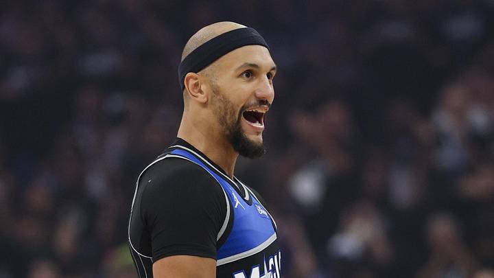 Apr 25, 2026; Orlando, Florida, USA; Orlando Magic guard Jalen Suggs (4) reacts after a basket against the Detroit Pistons in the second quarter during game three of the first round of the 2026 NBA Playoffs at Kia Center. Mandatory Credit: Nathan Ray Seebeck-Imagn Images