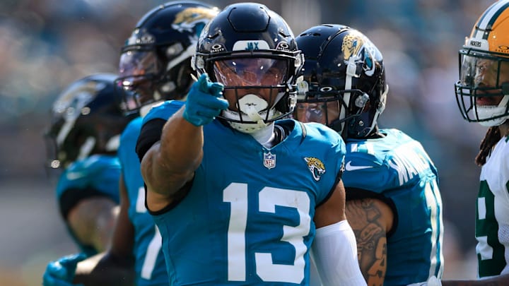 Jacksonville Jaguars wide receiver Christian Kirk (13) signals a first down pickup during the third quarter of an NFL football matchup Sunday, Oct. 27, 2024 at EverBank Stadium in Jacksonville, Fla. The Packers edged the Jaguars 30-27 on a last-second field goal. [Corey Perrine/Florida Times-Union]