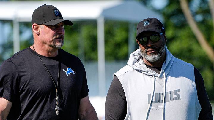 Detroit Lions head coach Dan Campbell, left, and general manager Brad Holmes walk off the field Detroit Lions head coach Dan Campbell, left, and general manager Brad Holmes walk off the field