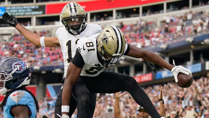 New Orleans Saints wide receiver Kevin Austin Jr. (81) celebrates a touchdown during the fourth quarter against the Tennessee Titans at Nissan Stadium in Nashville, Tenn., Sunday, Dec. 28, 2025. New Orleans Saints wide receiver Kevin Austin Jr. (81) celebrates a touchdown during the fourth quarter against the Tennessee Titans at Nissan Stadium in Nashville, Tenn., Sunday, Dec. 28, 2025.