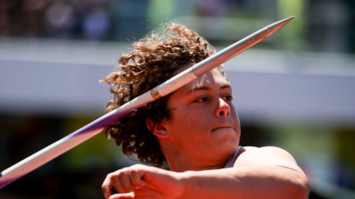 McNary’s Derek Olivo competes in the 6A boys javelin throw at the OSAA state track and field championships on Saturday, May 31, 2025 at Hayward Field in Eugene, Ore.
