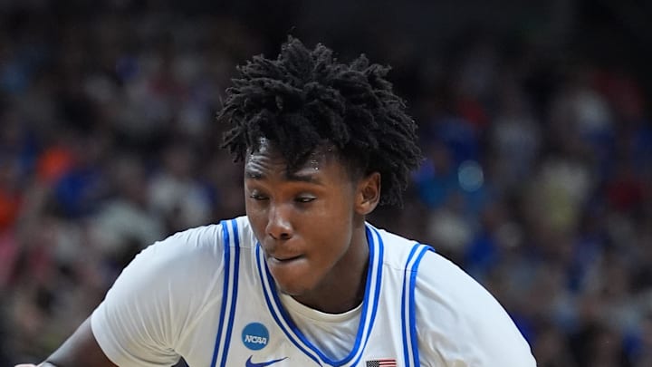 Mar 21, 2026; Greenville, SC, USA; Duke Blue Devils center Patrick Ngongba (21) handles the ball against the Texas Christian University Horned Frogs during a second round game of the men's 2026 NCAA Tournament at Bon Secours Wellness Arena. Mandatory Credit: Jim Dedmon-Imagn Images