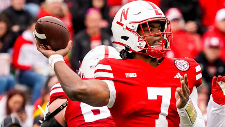 Nebraska football quarterback Jeff Sims (7) passes against Maryland