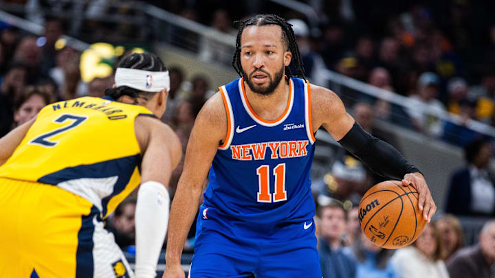 Dec 18, 2025; Indianapolis, Indiana, USA; New York Knicks guard Jalen Brunson (11) dribbles the ball while Indiana Pacers guard/forward Andrew Nembhard (2) defends in the second half at Gainbridge Fieldhouse. Mandatory Credit: Trevor Ruszkowski-Imagn Images Dec 18, 2025; Indianapolis, Indiana, USA; New York Knicks guard Jalen Brunson (11) dribbles the ball while Indiana Pacers guard/forward Andrew Nembhard (2) defends in the second half at Gainbridge Fieldhouse. Mandatory Credit: Trevor Ruszkowski-Imagn Images