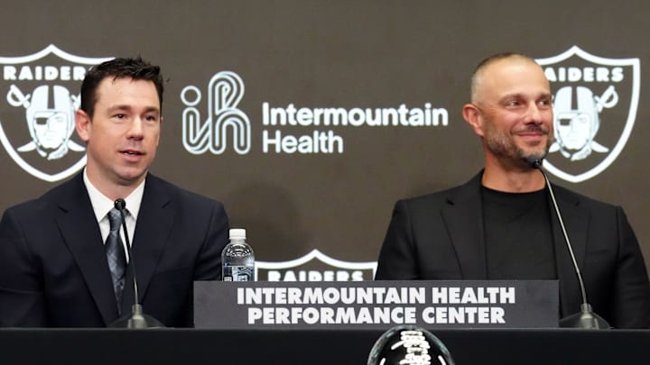 Feb 10, 2026; Las Vegas, NV, USA; Las Vegas Raiders coach Klint Kubiak (left) and general manager John Spytek at introductory press conference at Intermountain Health Performance Center. Mandatory Credit: Kirby Lee-Imagn Images